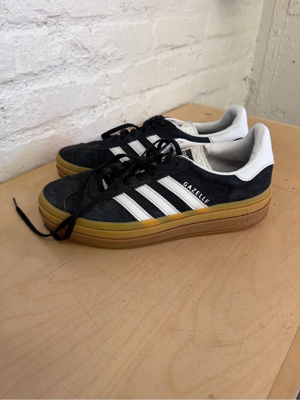 adidas Gazelle Platform Black & White Suede Sneakers with Gum Sole - Picture 3 of 4